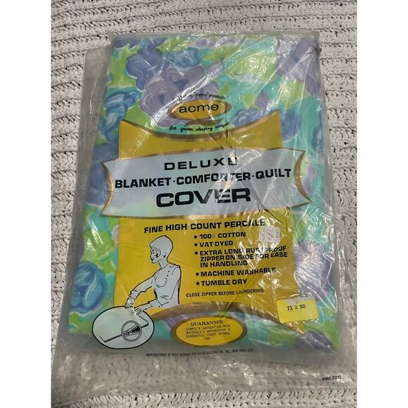 VTG MCM ACME Blanket Comforter Cover 72 x 90 Twin Percale Hippy Green Floral NOS - Picture 1 of 5